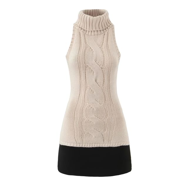 Ulark-Halter Turtleneck Two Tone Cable Knit Mini Sheath Dress