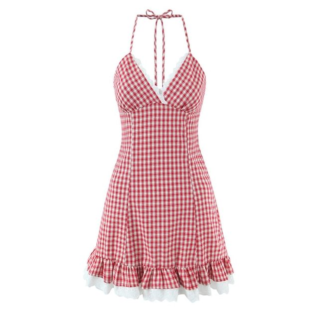 Ulark-Halter V-Neck Houndstooth Mini A-Line Dress