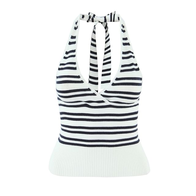 Ulark-Halter V-Neck Open Back Slim Fit Crop Knit Top