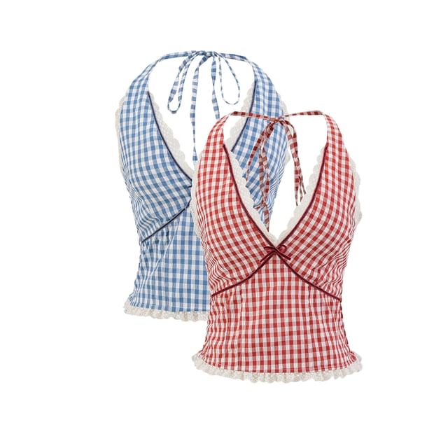 Ulark-Halter V-Neck Plaid Lace Trim Top
