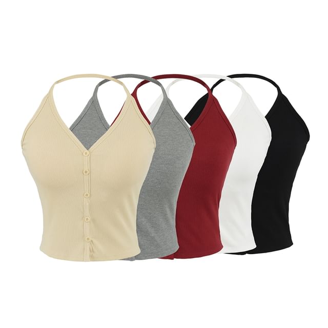 Ulark-Halter V-Neck Plain Button Top