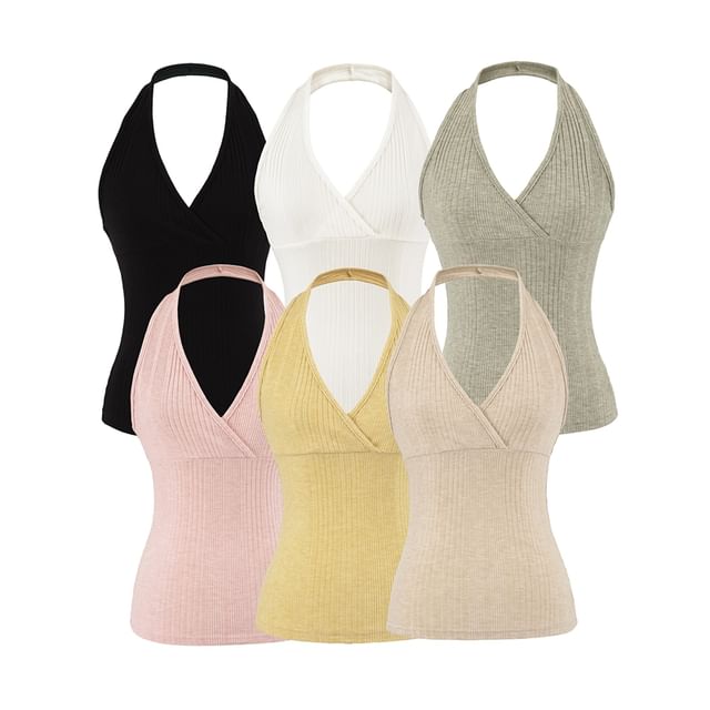 Ulark-Halter V-Neck Plain Ribbed Top