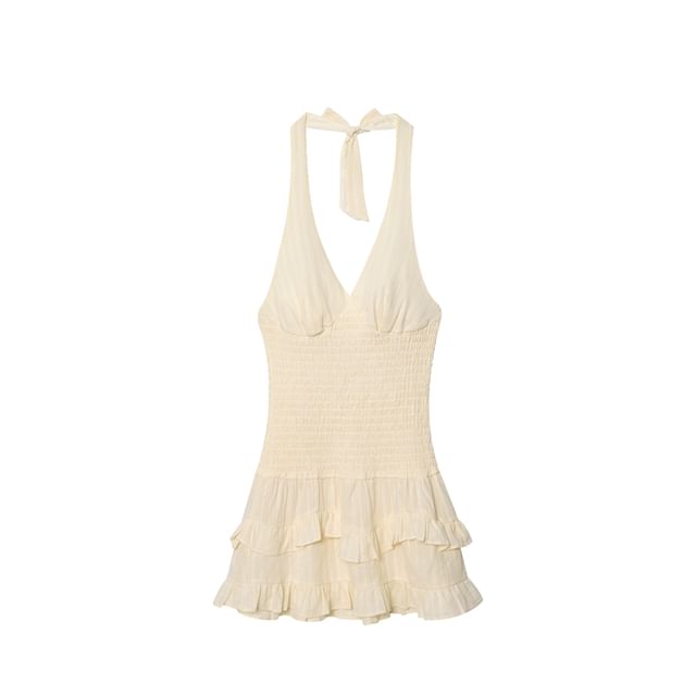 Ulark-Halter V-Neck Plain Ruffle Trim Smocked Open Back Mini A-Line Dress