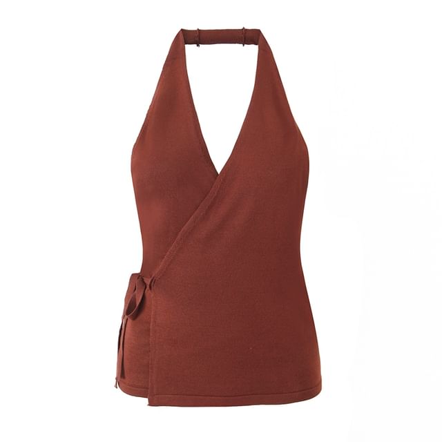 Ulark-Halter V-Neck Plain Tie-Up Knit Wrap Top