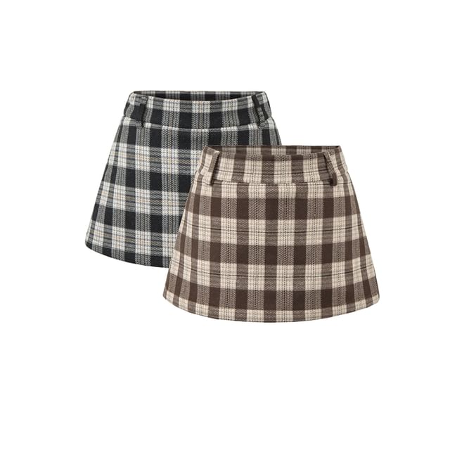 Ulark-High Rise Plaid Mini A-Line Skirt