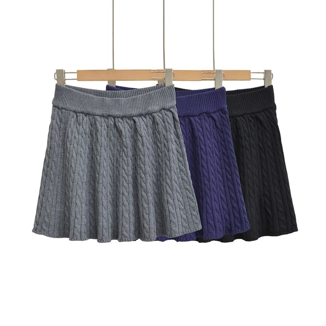 Ulark-High Rise Plain Cable Knit Mini A-Line Skirt