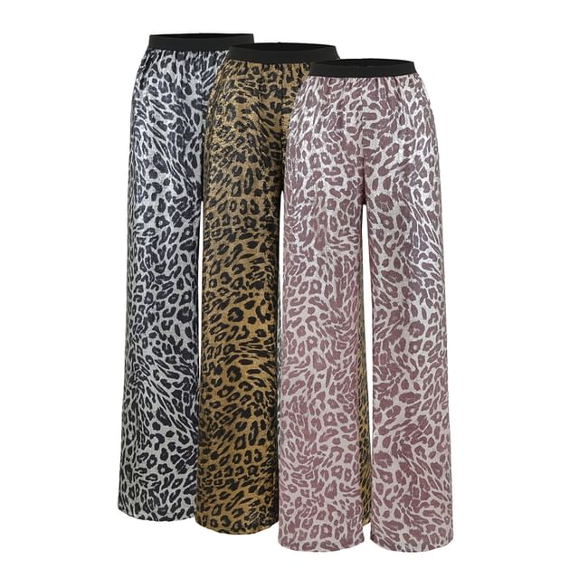 Ulark-High Waist Leopard Print Wide Leg Pants