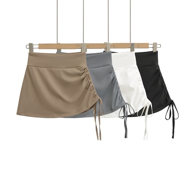 Ulark-High Waist Plain Drawstring Mini A-Line Skort
