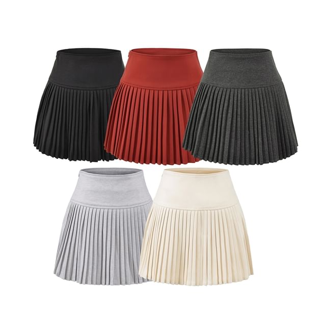 Ulark-High Waist Plain Knit Mini Pleated Skirt