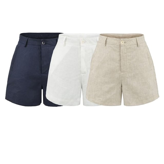 Ulark-High Waist Plain Linen Shorts