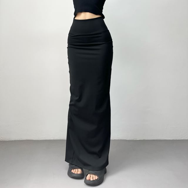 Ulark-High Waist Plain Maxi Pencil Skirt