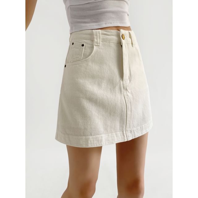 Ulark-High Waist Plain Mini A-Line Denim Skirt