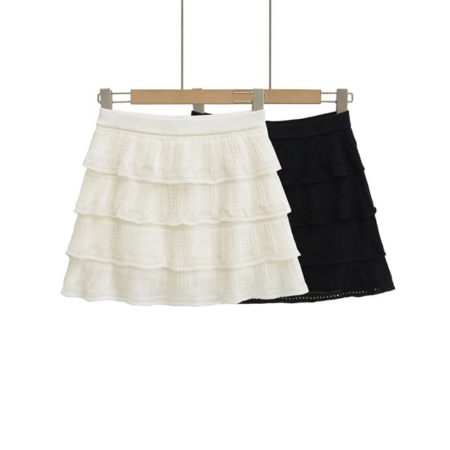 Ulark-High Waist Plain Mini Tiered Skirt