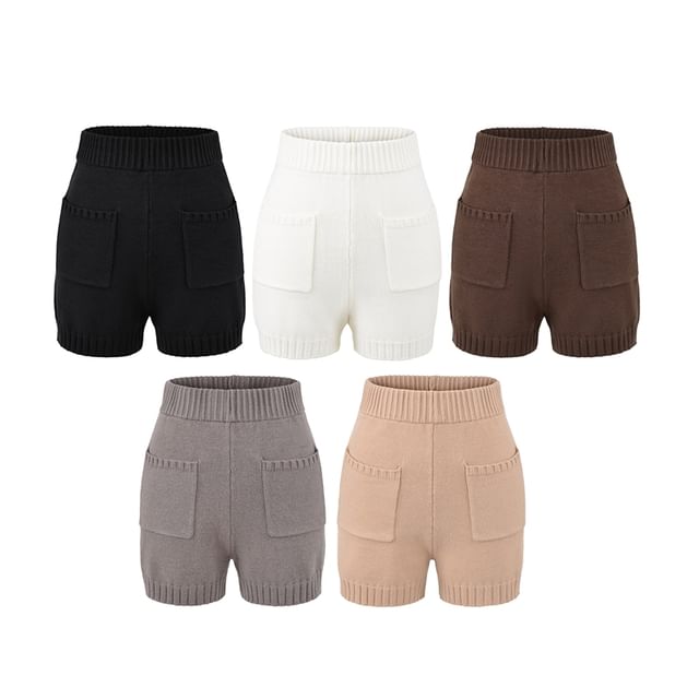 Ulark-High Waist Plain Pocket Knit Shorts