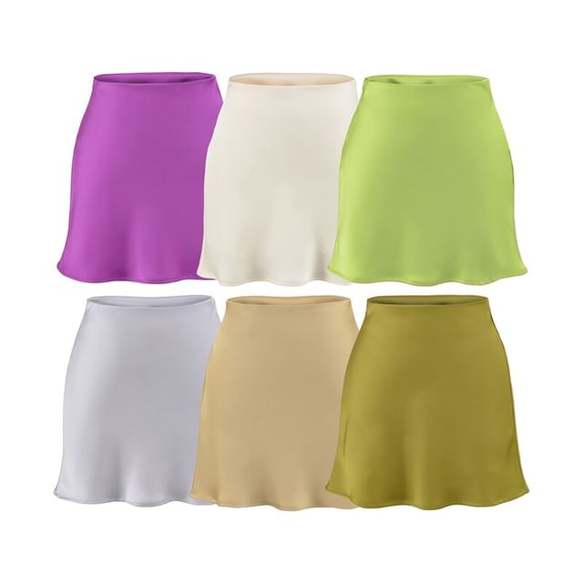 Ulark-High Waist Satin Plain Mini A-Line Skirt