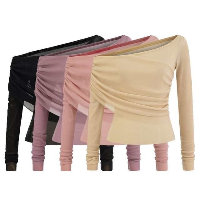 Ulark-Long-Sleeve Asymmetrical Neck Off-Shoulder Plain Ruched Slim Fit Tee