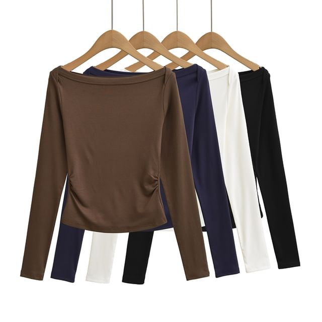 Ulark-Long-Sleeve Boat Neck Plain Ruched Tee