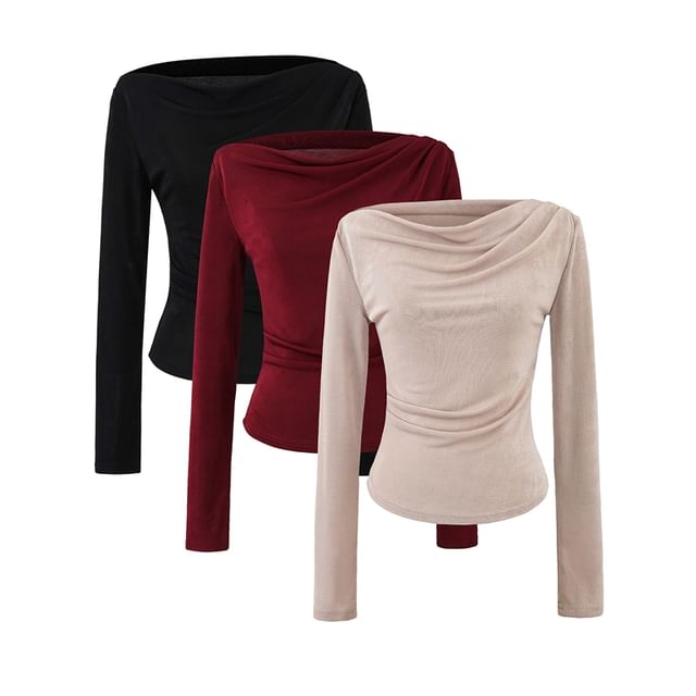 Ulark-Long Sleeve Boat Neck Plain Ruched Top