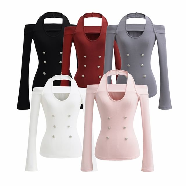 Ulark-Long-Sleeve Cold Shoulder Plain Button Detail T-Shirt