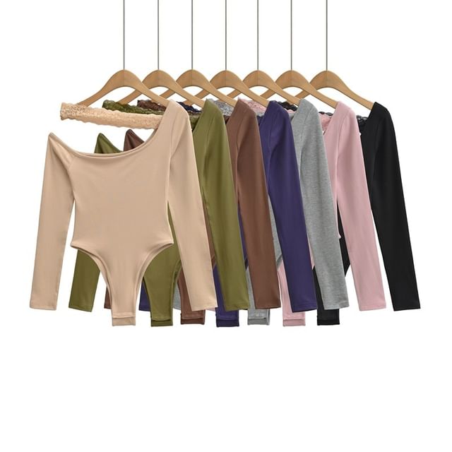 Ulark-Long-Sleeve Cold Shoulder Plain Lace Panel Bodysuit Top