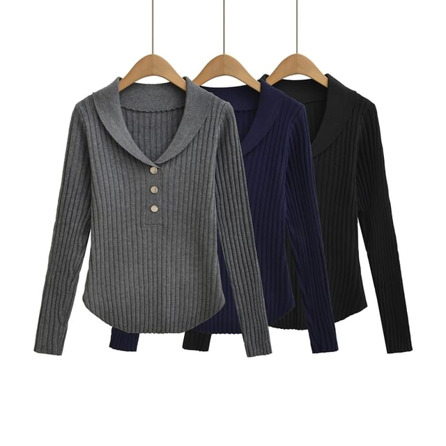 Ulark-Long-Sleeve Collar Henley Ribbed Knit Top