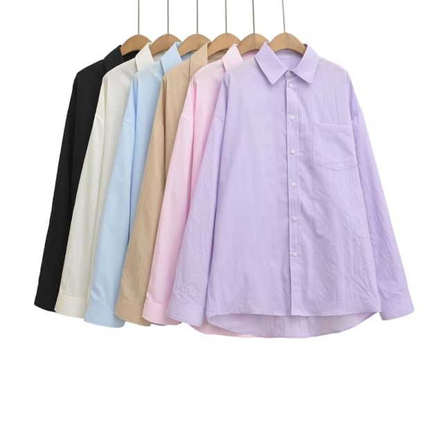 Ulark-Long-Sleeve Collared Plain Button Up Shirt
