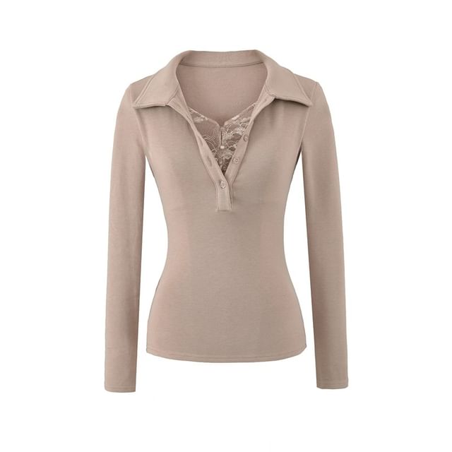 Ulark-Long Sleeve Collared Plain Mock Two Piece Button Panel Lace Top