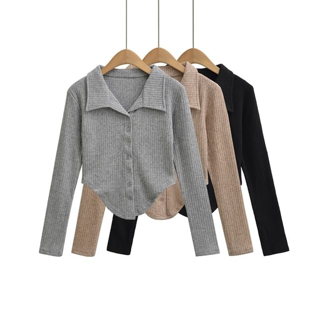 Ulark-Long Sleeve Collared Plain Ribbed Button Crop Top