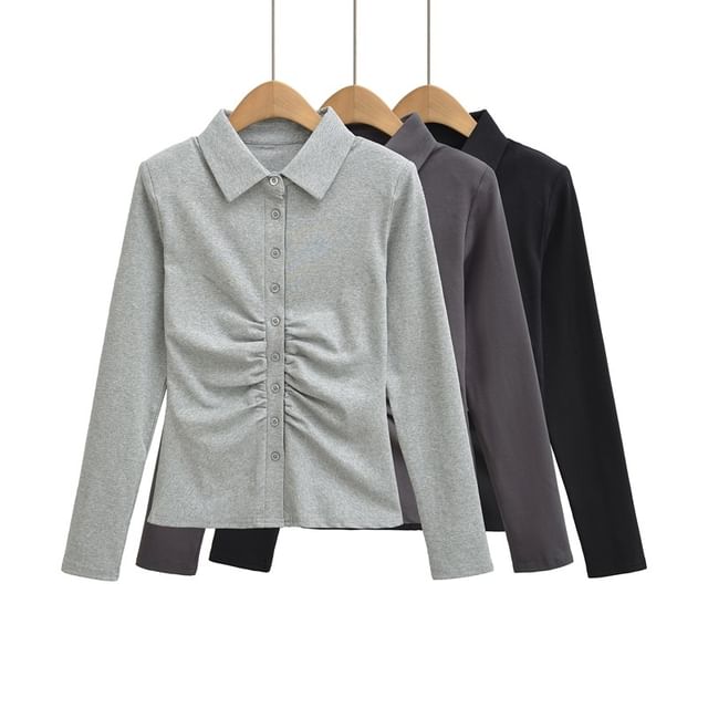Ulark-Long Sleeve Collared Plain Ruched Button Top