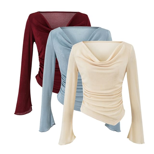 Ulark-Long Sleeve Cowl Neck Plain Asymmetrical Ruched Top