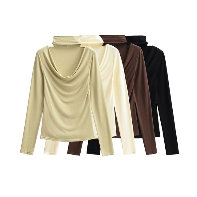 Ulark-Long-Sleeve Cowl Neck Plain T-Shirt