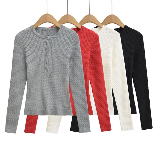 Ulark-Long-Sleeve Crew Neck Half-Buttoned Plain Cable Knit Slim Fit Top