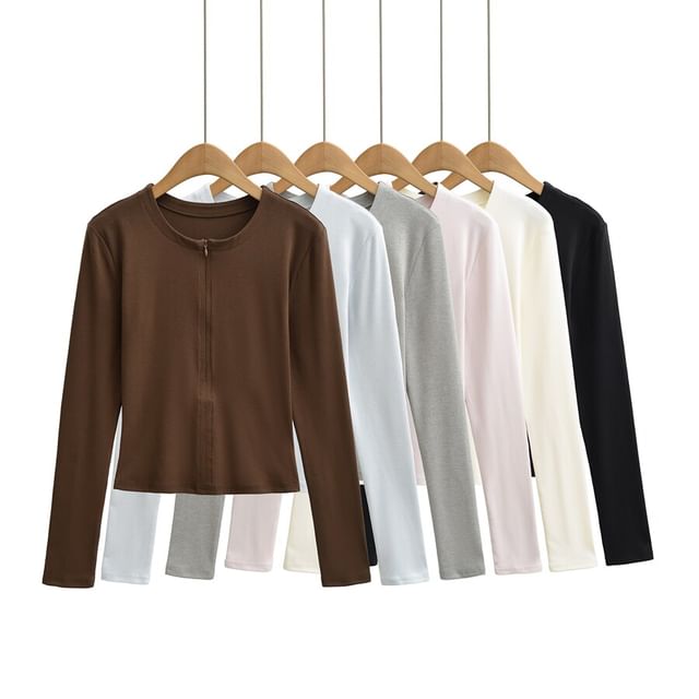 Ulark-Long-Sleeve Crew Neck Half-Zip Plain T-Shirt