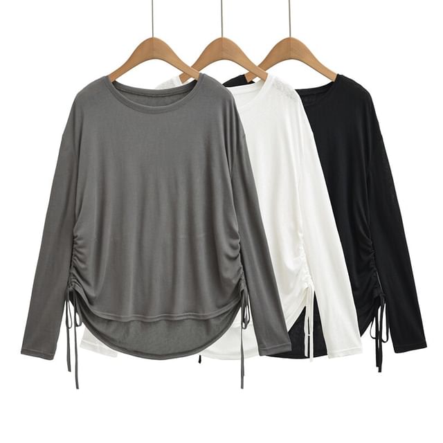 Ulark-Long-Sleeve Crew Neck Plain Drawstring T-Shirt