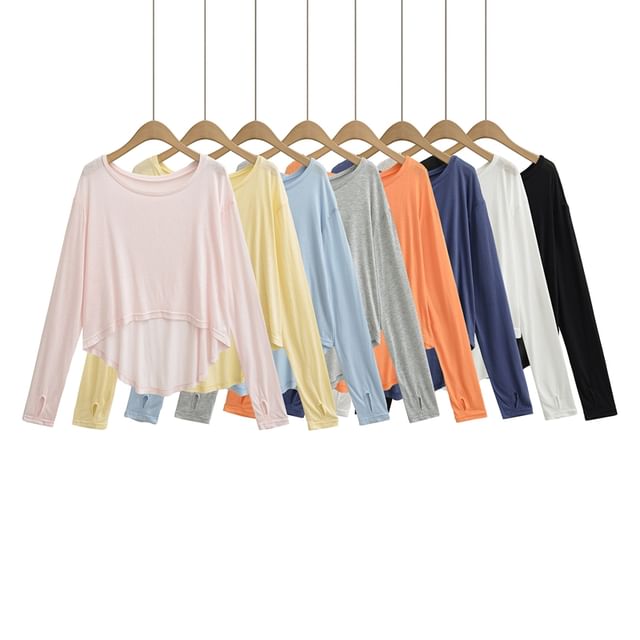 Ulark-Long-Sleeve Crew Neck Plain Sheer High Low Tee