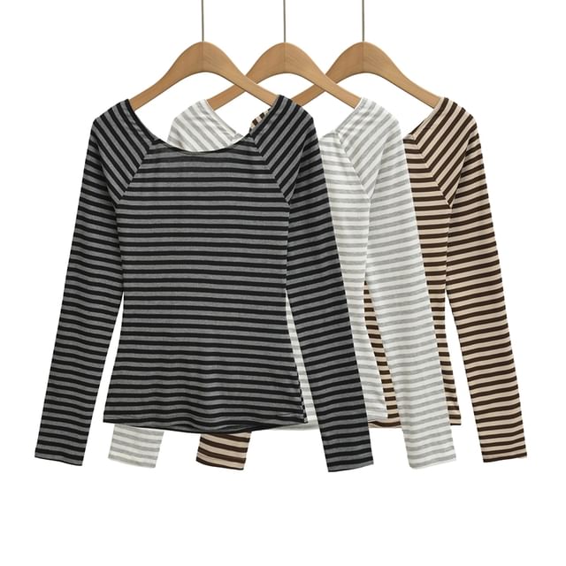 Ulark-Long Sleeve Crew Neck Striped Backless Top
