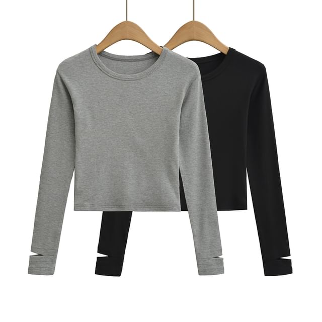 Ulark-Long-Sleeve Crewneck Plain Crop Tee