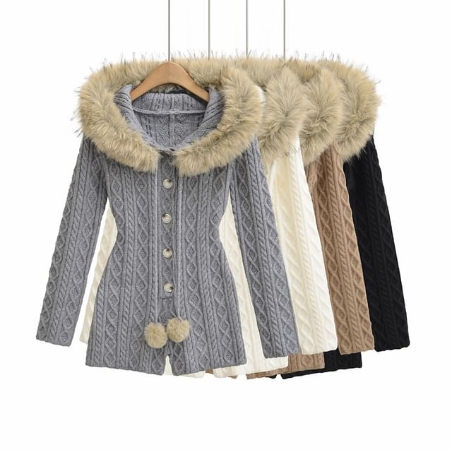 Ulark-Long Sleeve Fluffy Trim Hood Button Cable Knit Romper