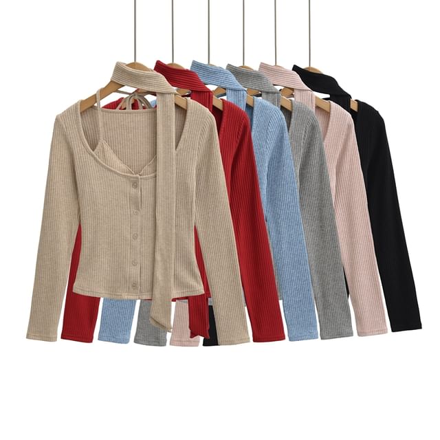 Ulark-Long Sleeve Halter Plain Mock Two Piece Button Ribbed Top