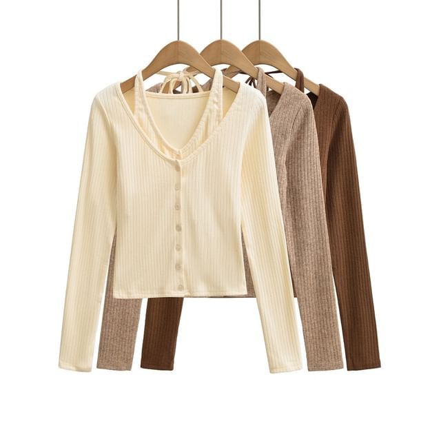 Ulark-Long Sleeve Halter Plain Mock Two Piece Button Top