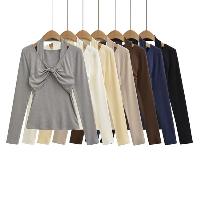 Ulark-Long Sleeve Halter Plain Mock Two Piece Twist Top