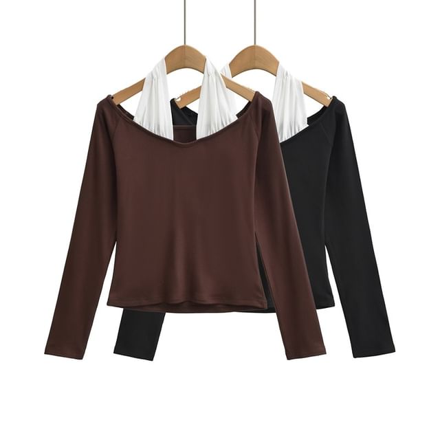 Ulark-Long Sleeve Halter Two Tone Panel Top