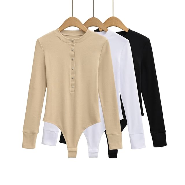 Ulark-Long-Sleeve Henley Plain Bodysuit Top