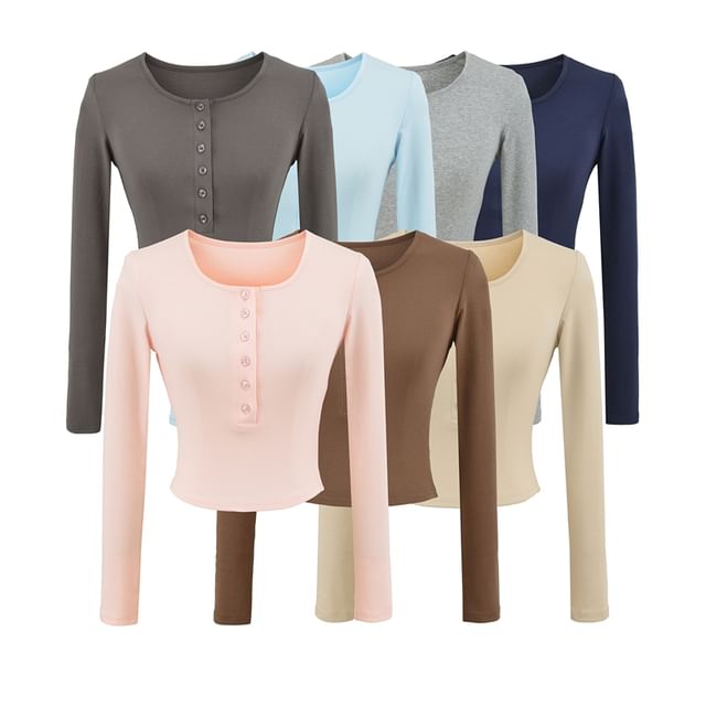 Ulark-Long-Sleeve Henley Plain Crop Knit Top