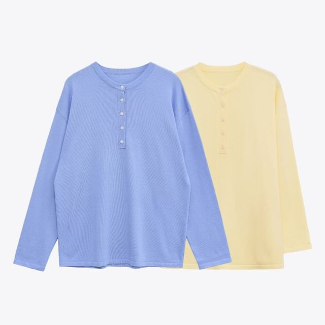 Ulark-Long Sleeve Henley Plain Knit Top