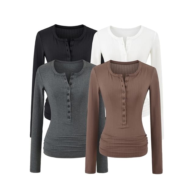 Ulark-Long Sleeve Henley Plain Ribbed T-Shirt