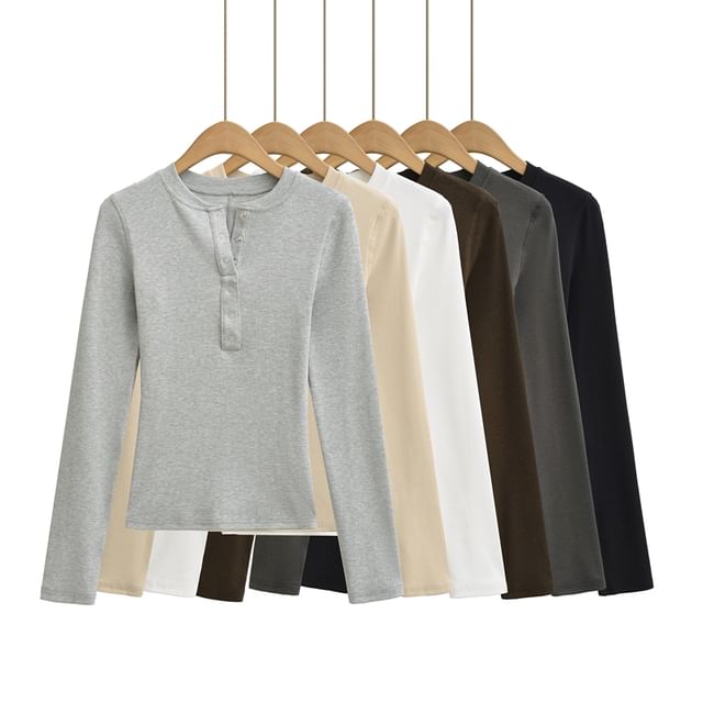 Ulark-Long Sleeve Henley Plain Tee