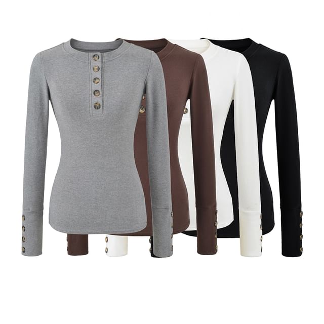 Ulark-Long Sleeve Henley Plain Top