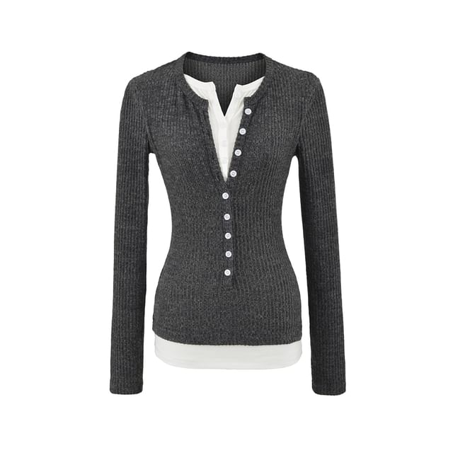 Ulark-Long-Sleeve Henley Two Tone Mock Two-Piece Tee