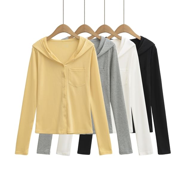 Ulark-Long-Sleeve Hooded Plain Button Up Crop Top